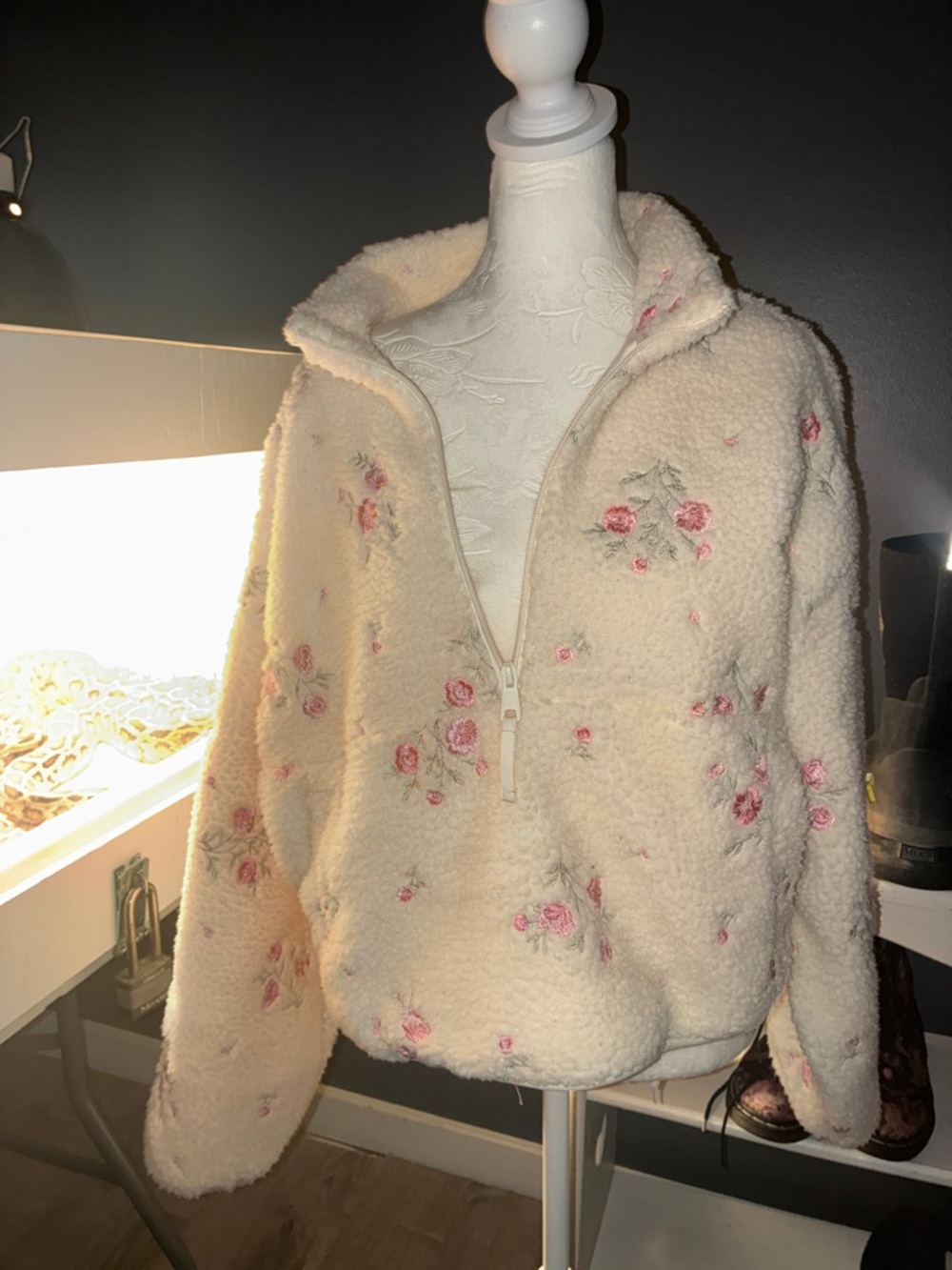 Altar'd State Cream Sherpa Half-Zip Jacket with Pink Floral Embroidery